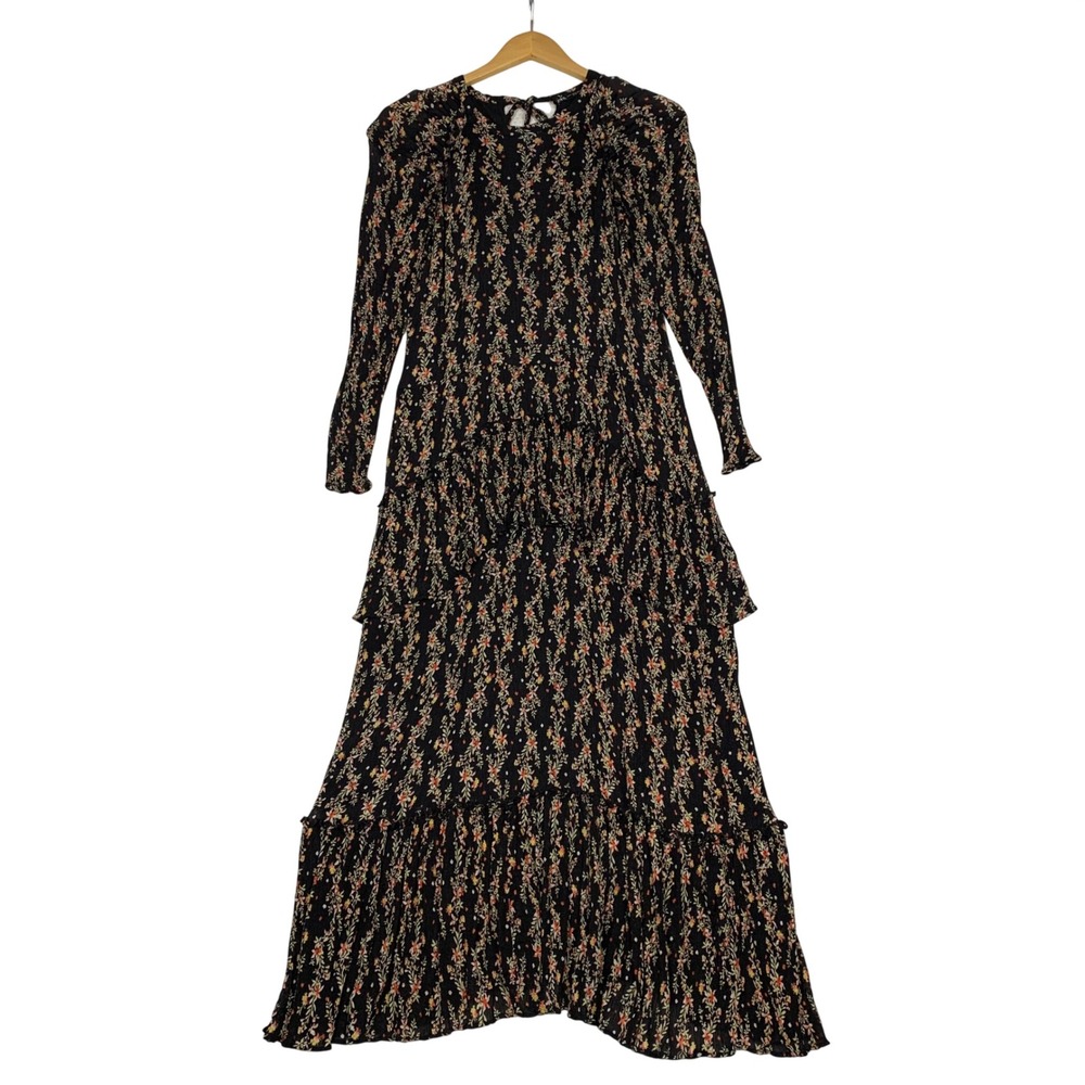 Zara Womens L Black Orange Floral Tiered Maxi Dress Boho Long Sleeve Gown